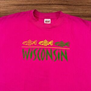 Vintage Anvil Wisconsin Graphic T-Shirt Fish‎ Pink Tourist Large single stitch
